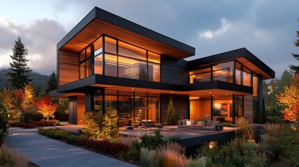 Fototapeta premium Exquisite contemporary residential architecture with sleek glass facade and angular roofline nestled amidst a lush autumnal landscape illuminated by warm lighting and reflecting the moody evening sky