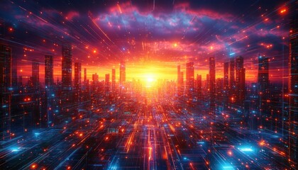 Obraz premium Futuristic Cityscape with Neon Lights and Circuit Patterns at Dusk