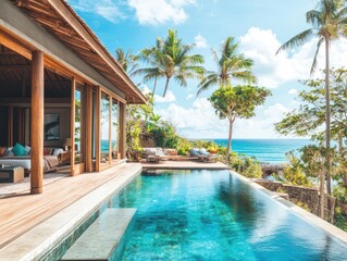 Fototapeta premium Luxurious Villa with Infinity Pool Overlooking the Ocean on a Sunny Day