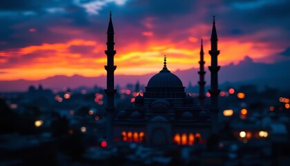 Obraz premium A majestic mosque silhouetted against a vibrant sunset over a city, perfect for travel or religious themed projects.