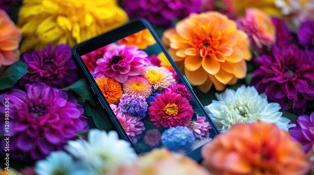 Poster A smartphone screen displaying a rotating carousel of colorful flowers, with vibrant blooms in motion and vivid hues.