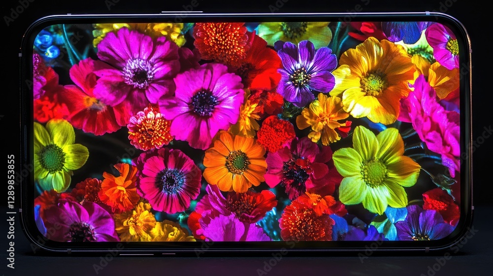 Poster A smartphone screen displaying a rotating carousel of colorful flowers, with vibrant blooms in motion and vivid hues.