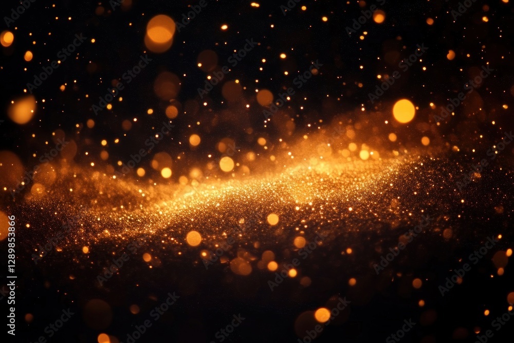 Poster Golden bokeh lights create a warm glowing abstract background with soft illuminated orbs and a shimmering dark texture