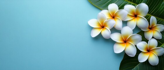 Naklejka premium Tropical Plumeria Flowers and Palm Leaves on Soft Blue Background Flat Lay Perspective