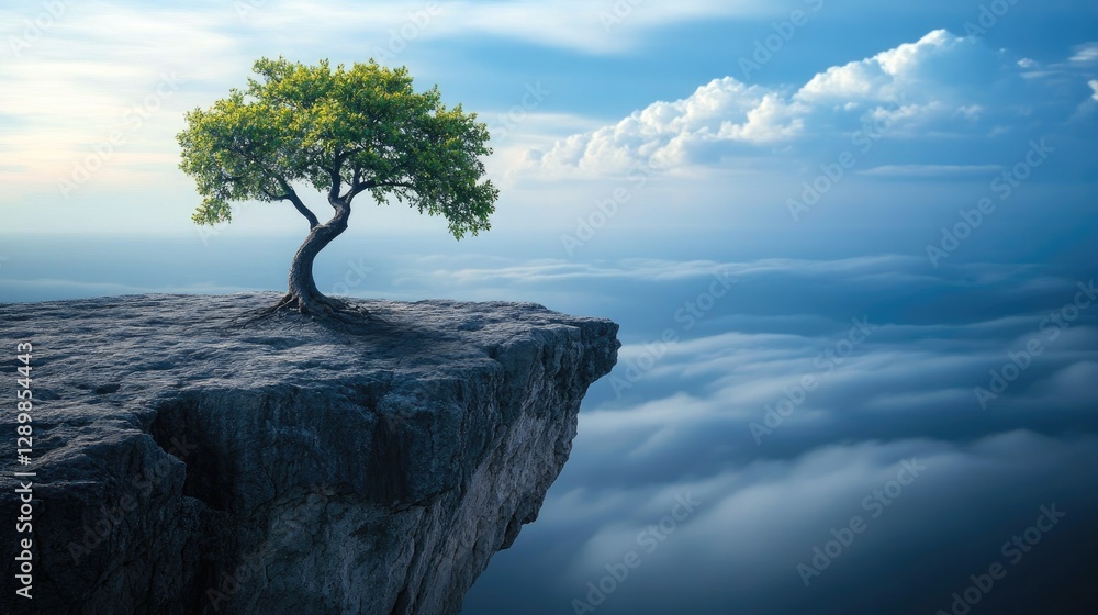 Poster a solitary tree clings to a cliff's edge, reaching towards the horizon, symbolizing perseverance and