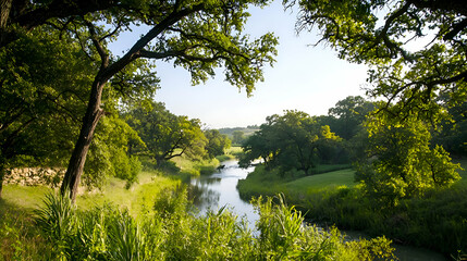 Serene River Landscape with Lush Green Trees and Sunlight