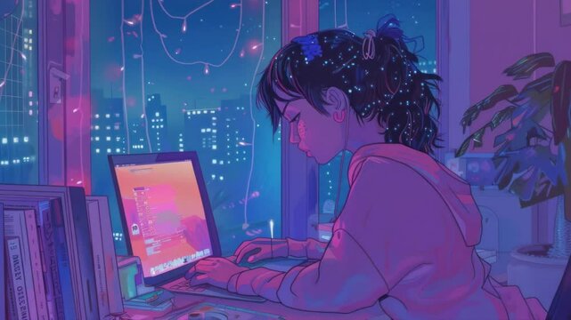 Illustration of a person using a laptop in a cozy room, city lights visible. Side angle captures a dreamy, neon-lit atmosphere, reminiscent of a video game.