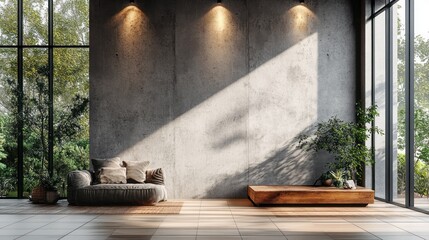 Scandinavian Style Living Room Loft with Concrete Wall and Cozy Seating Area