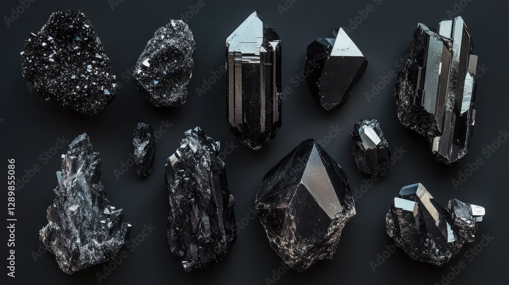 Poster a stunning collection of black obsidian crystals in various shapes and textures, isolated against a 