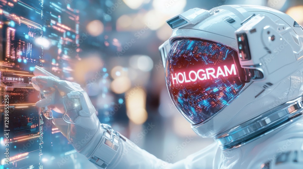 Poster futuristic holographic interface with glowing digital data neon lights and advanced graphics in a cy
