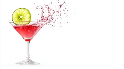 A vibrant cocktail with a splash of red liquid and a lime slice garnishing the glass, perfect for a refreshing drink.