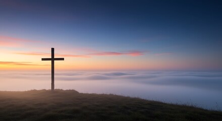 Wooden cross on misty hill at twilight - Symbol of faith and hope - Religious website
