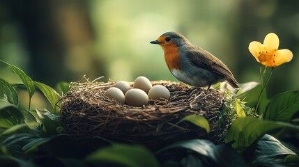 Bird in nest on tree in Spring.
