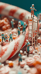 Fototapeta premium miniature construction workers decorating candyland scene 