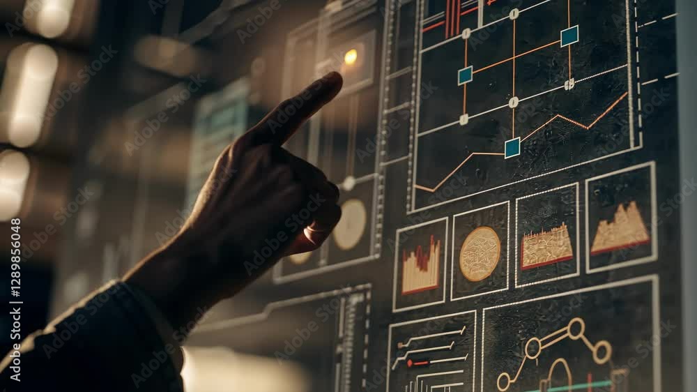 Poster closeup of a hand pointing at a glowing holographic diagram that outlines a strategic business proce