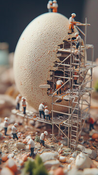 Naklejki Miniature Construction Workers Building on Eggshell 
