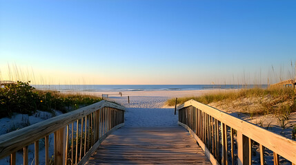 Obraz premium Wooden Walkway Leading to a Sandy Beach at Sunset