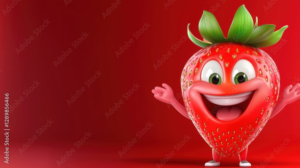Poster cheerful and vibrant strawberry character with big googly eyes a wide smiling expression and green l