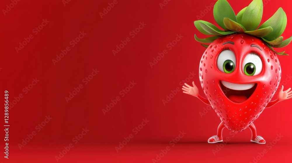Poster whimsical 3d render of a happy smiling strawberry character with an expressive face and green leaves