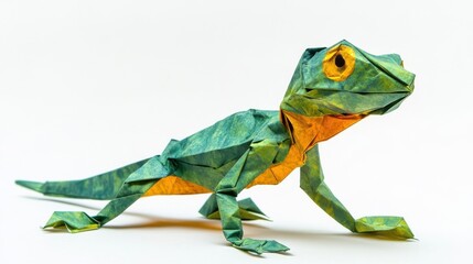Fototapeta premium The Green and Yellow Origami Lizard Posed on White Background