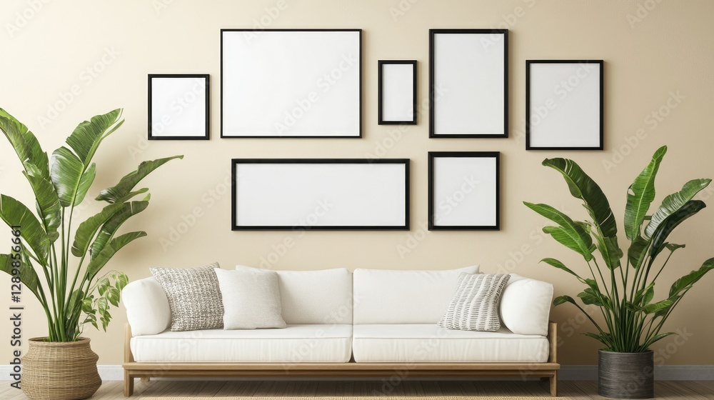 Poster A stylish mockup of a photo frame gallery wall with various frame sizes and orientations in a modern living room, perfect for showcasing artwork.