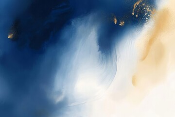 This handpainted illustration features vibrant blue hues with warm beige tones, inspired by ocean life. Intricate patterns and gold accents make a captivating piece that draws viewers in