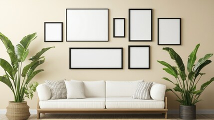 Naklejka premium A stylish mockup of a photo frame gallery wall with various frame sizes and orientations in a modern living room, perfect for showcasing artwork.
