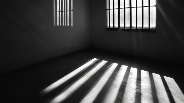 A vivid depiction of a cold prison room where pale sunlight filters through iron bars, casting haunting shadows that evoke feelings of imprisonment, isolation, and fleeting hope amid despair