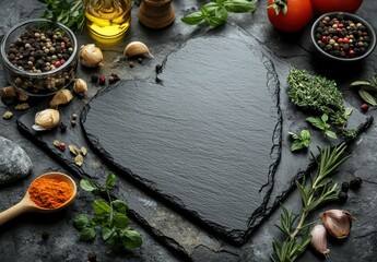 Heart-Shaped Slate Board Surrounded by Fresh Ingredients, Spices, Herbs, Olive Oil and Tomatoes, Perfect for Culinary Creations and Food Photography