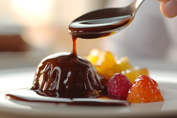 Delicious Chocolate Sauce Being Poured On A Sweet Dessert