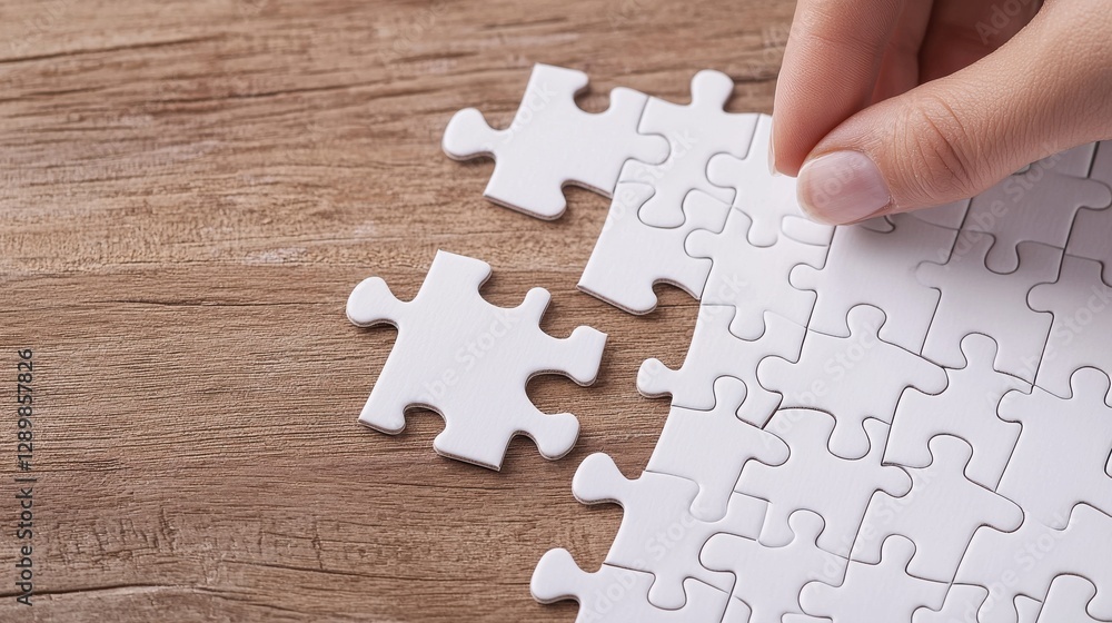Aufkleber incomplete jigsaw puzzle pieces arranged on a wooden surface representing a business solution strate