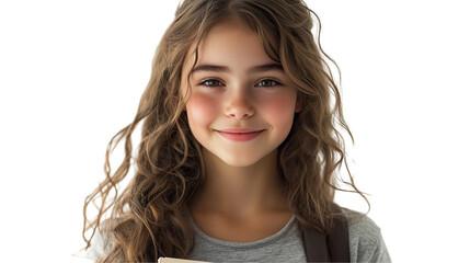 Fototapeta premium Smiling young student girl holding a book, cheerful expression, isolated on transparent background 