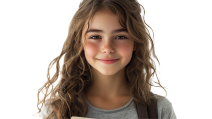 Smiling young student girl holding a book, cheerful expression, isolated on transparent background 