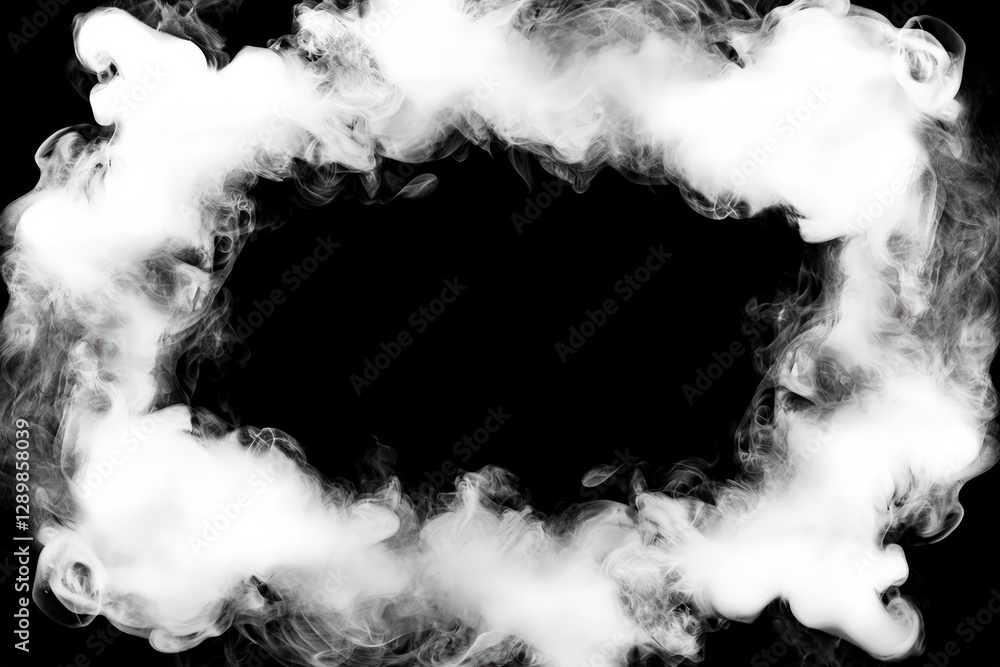 Poster a swirling cloud of white smoke against a dark background, creating an empty central space for text 