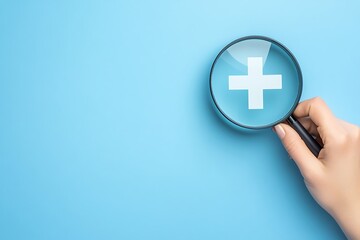 Obraz premium Healthcare Concept with Magnifying Glass and Medical Cross on Blue Background
