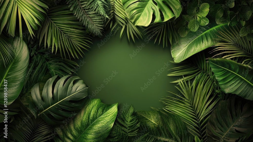 Poster a tropical leaf border surrounds a blank rectangular space, providing the perfect frame for product 