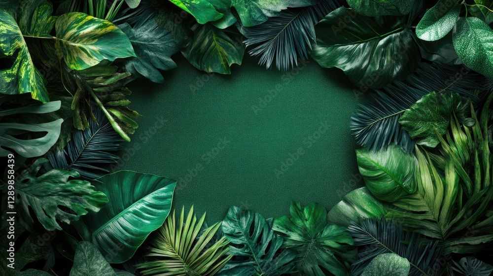 Poster a tropical leaf border surrounds a blank rectangular space, providing the perfect frame for product 