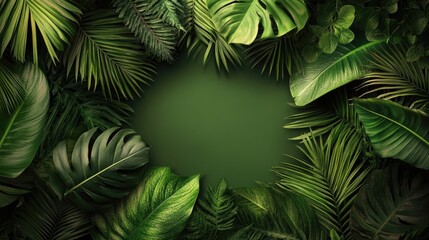 A tropical leaf border surrounds a blank rectangular space, providing the perfect frame for product displays or branding designs in a vibrant, natural setting.