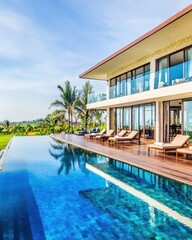Fototapeta premium Luxury Villa With Infinity Pool Overlooking Scenic Landscape Under Blue Sky