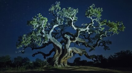 A Majestic Tree with Sprawling Limbs Under A Starry Sky
