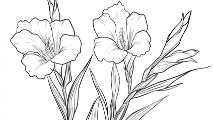 Line art drawing of two gladiolus flowers. (2)