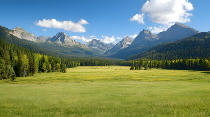Obraz premium Vast Green Meadow Surrounded by Majestic Mountains Under a Bright Blue Sky