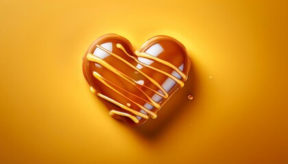 Heart Shaped Maple Syrup Donut with Glaze Toping on Golden Yellow Background Isolated