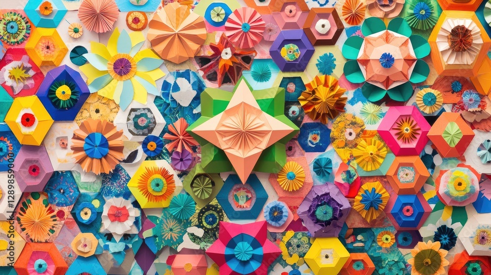 Poster a vibrant and visually pleasing layout of colorful paper cutouts arranged in a geometric pattern, pe
