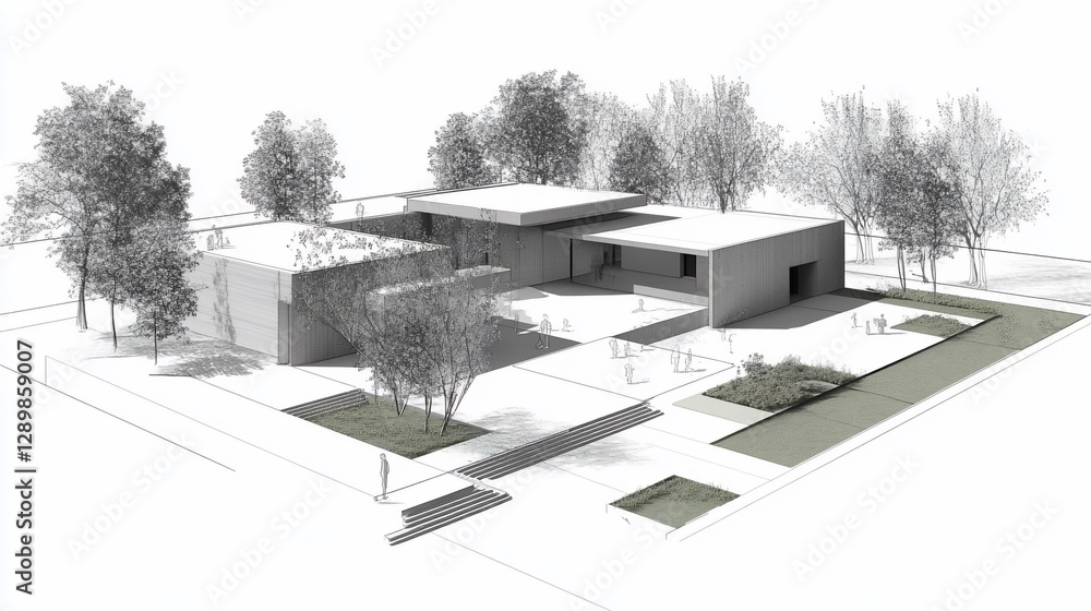 Poster architectural sketch of a modern building with trees and people surrounding it a minimalist design