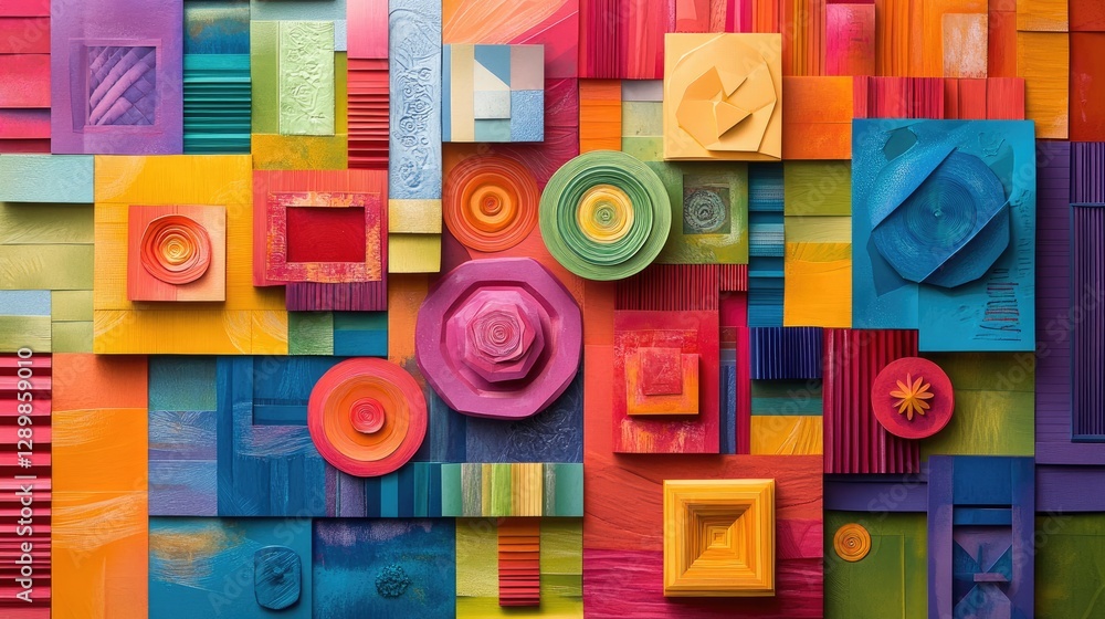 Poster a vibrant and visually pleasing layout of colorful paper cutouts arranged in a geometric pattern, pe