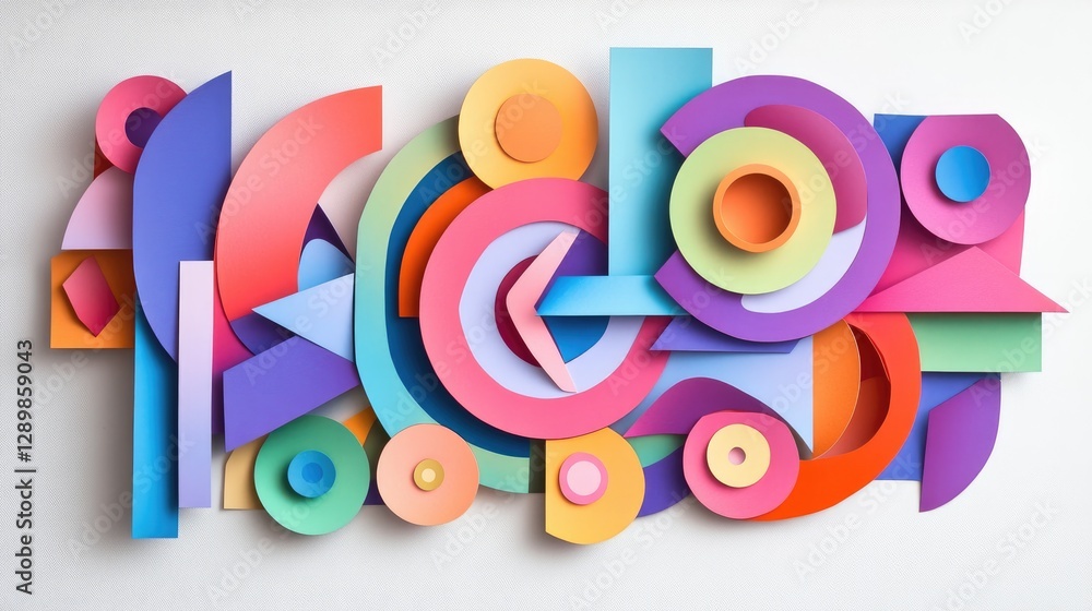 Poster A vibrant and visually pleasing layout of colorful paper cutouts arranged in a geometric pattern, perfect for an art project or photo collage.