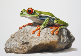 Naklejka premium Vibrant Green Frog Sitting on a Rock with Beautiful Red Eyes