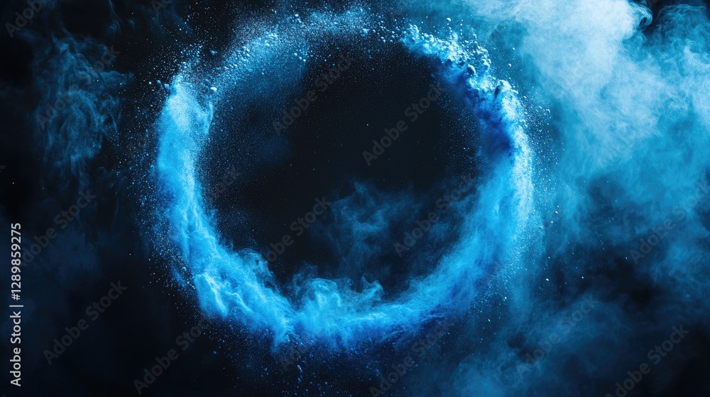 Aufkleber A vibrant blue powder forms a circular ring on a dark backdrop, creating a striking and abstract minimalist composition with dynamic movement.