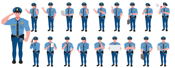 
Police Officer Character Design Model Sheet. Man, Character design. Front, side, back view and explainer animation poses. Character set with lip sync and Walk cycle animation sequences.
